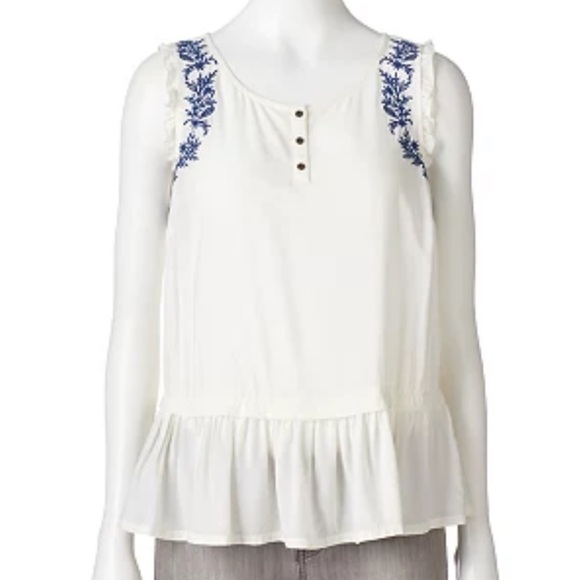 Lauren Conrad Blue Embroidery White Ruffle Peplum Tank Size Small - Picture 1 of 7